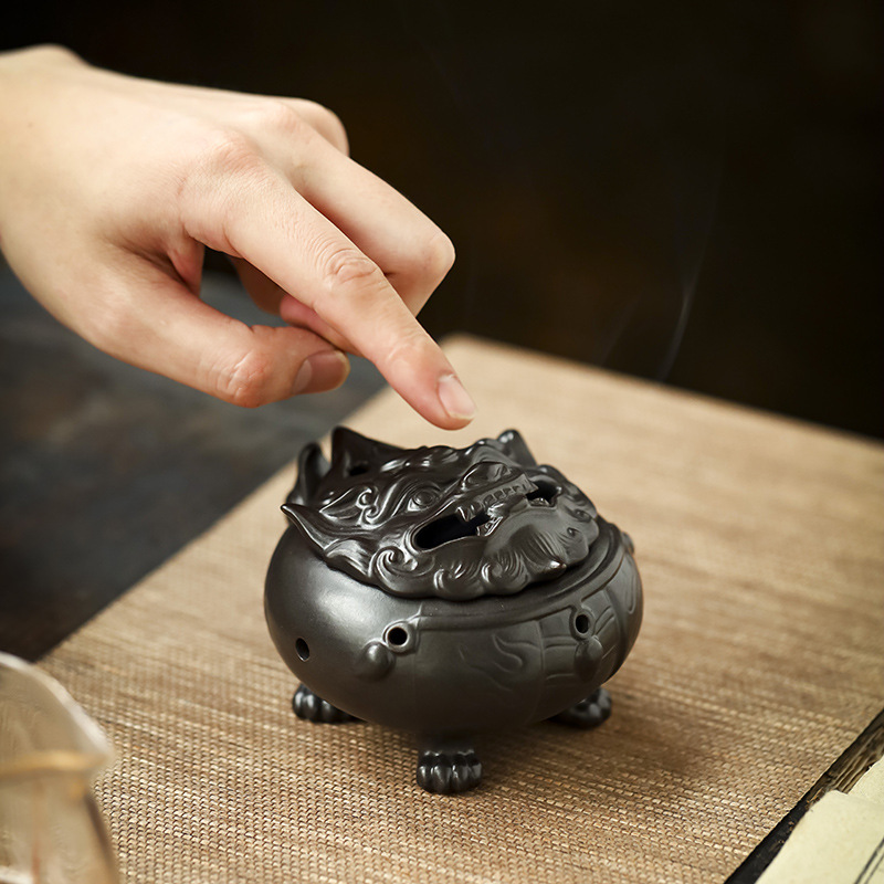 陶瓷狻猊盘香炉 工艺品熏香摆件倒流香薰炉创意家居香插香道茶宠