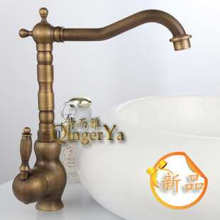 供应全铜仿古面盆冷热水龙头 欧式单孔菜盆可转动龙头批发